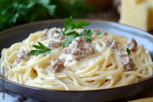 Pasta spaghetti in cream sauce with meat on a plate - generative ai