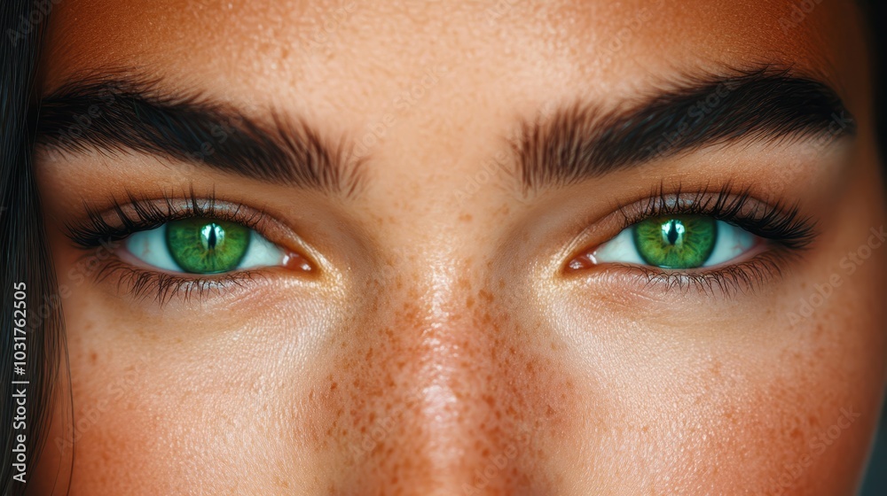 A tight shot of a woman's green eyes, adorned with freckles scattering her cheeks A tight shot of a woman's green eyes, adorned with freckles scattering her cheeks