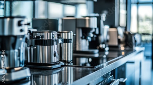 Close-up of Modern Stainless Steel Coffee Makers on a Kitchen Countertop