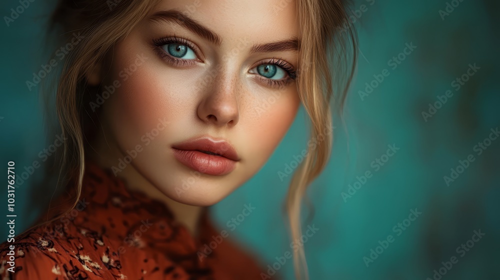 Close-up of a woman with long blonde hair and blue eyes, dressed in a red blouse