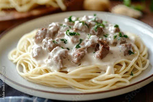 Pasta spaghetti in cream sauce with meat on a plate - generative ai