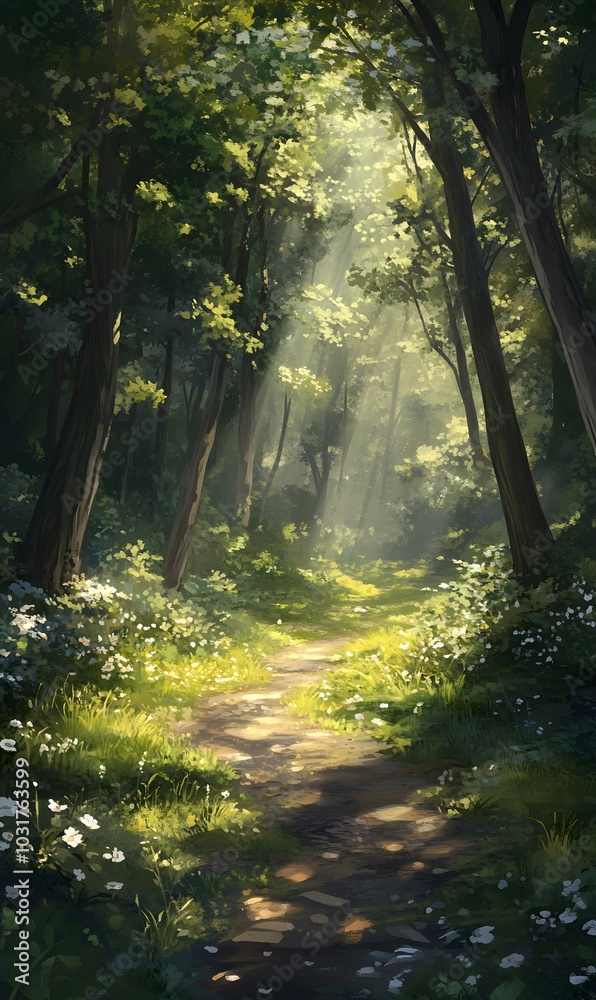 Naklejka premium 91. A tranquil forest clearing with soft sunlight