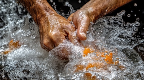 Close-up of hands washing orange fruit in rushing water.