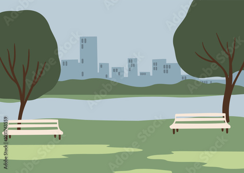 Vibrant illustration captures breathtaking summer landscape in serene park, showcasing lush trees and greenery. Minimalist design emphasizes beauty of nature and invites relaxation in the outdoors.