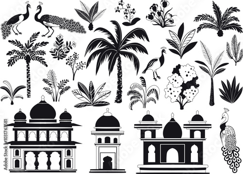 Indian gardens design elements, garden trees, palms, peacock, architectural arches and palaces silhouettes