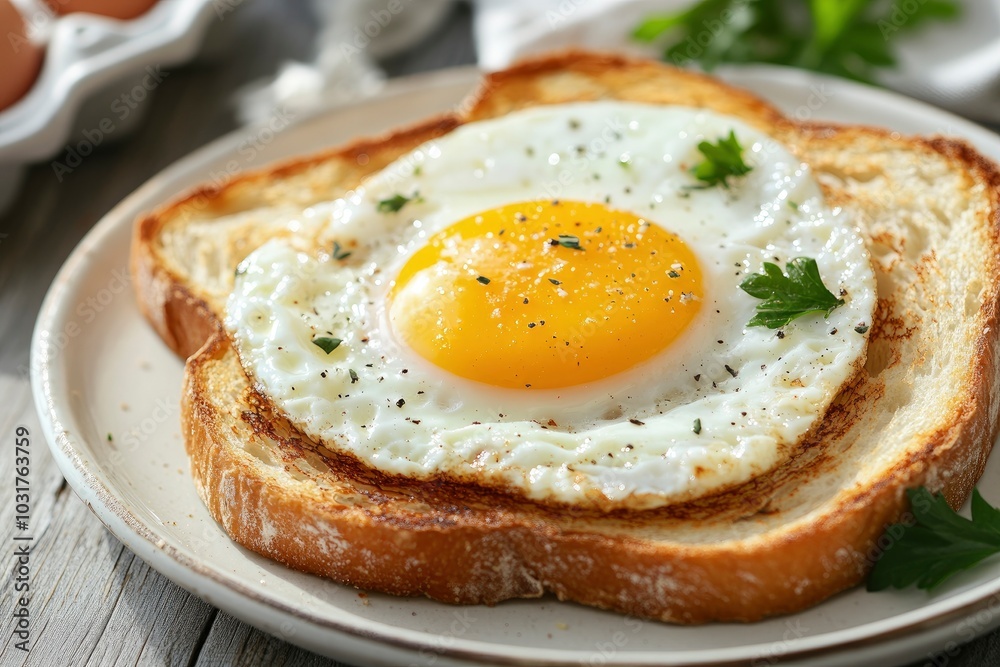Plate with toasted bread and egg on table, closeup - generative ai Plate with toasted bread and egg on table, closeup - generative ai