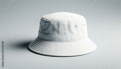 A plain white bucket hat sits on a light gray background...Concept: Bucket hat, headwear, mockup, blank, minimalist.