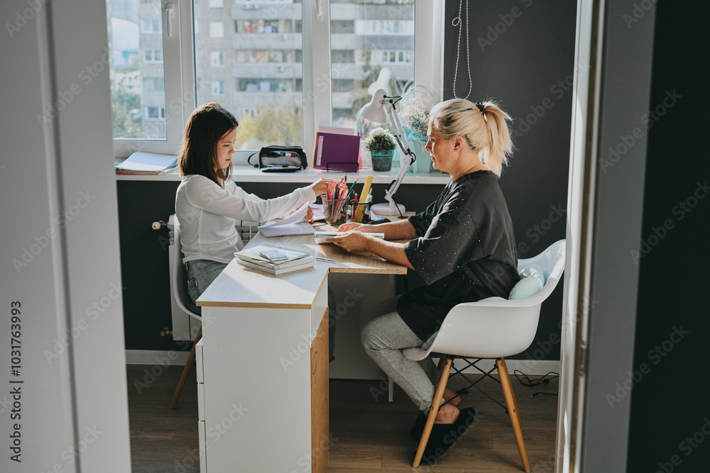 Mom Teaches Daughter at Desk. Home Distance Learning, Schoolgirl Doing Homework at Home Mom Teaches Daughter at Desk. Home Distance Learning, Schoolgirl Doing Homework at Home