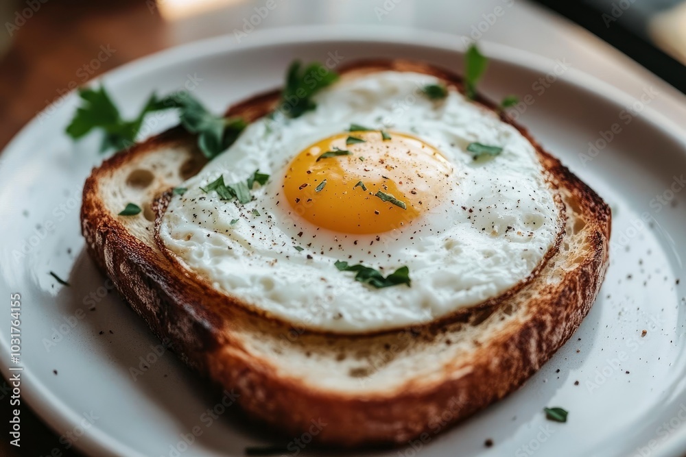 Plate with toasted bread and egg on table, closeup - generative ai Plate with toasted bread and egg on table, closeup - generative ai