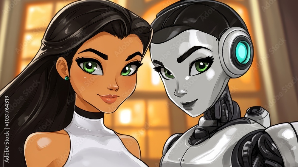 Two women stand before a building with a robot bearing it a shoulder Two women stand before a building with a robot bearing it a shoulder