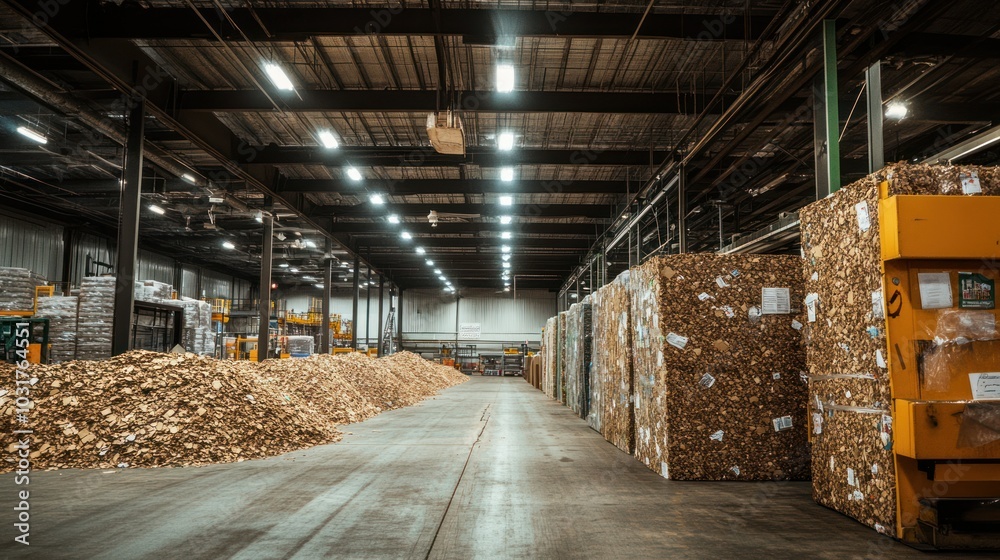 A large industrial warehouse with stacks of compacted cardboard bales A large industrial warehouse with stacks of compacted cardboard bales