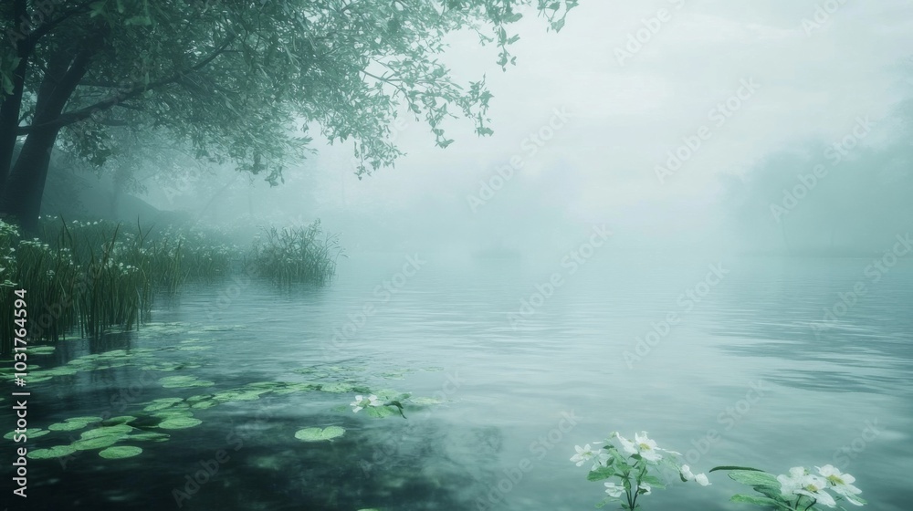 Misty Morning Lake with Flowers Misty Morning Lake with Flowers