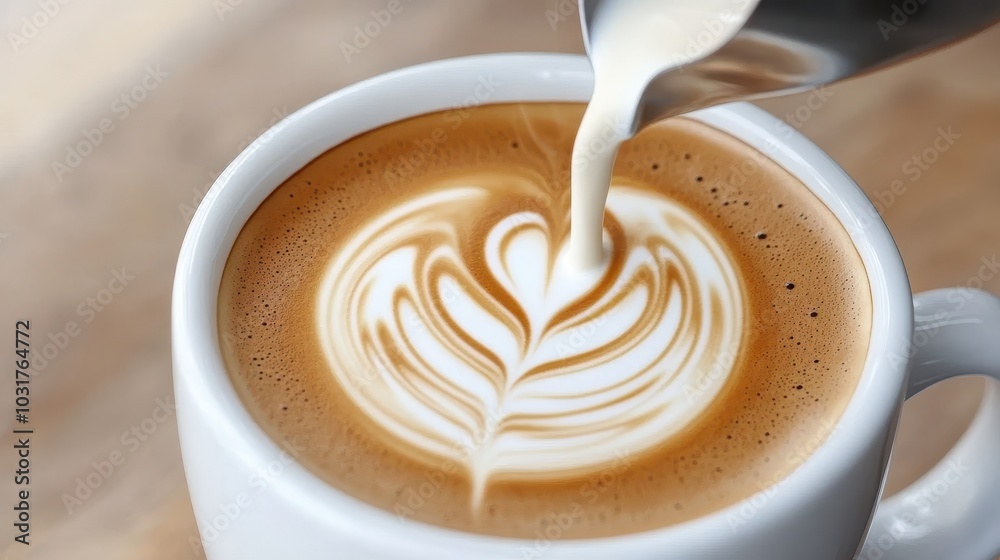 A close-up of milk being poured into a latte, creating intricate latte art in a white ceramic coffee cup. A close-up of milk being poured into a latte, creating intricate latte art in a white ceramic coffee cup.