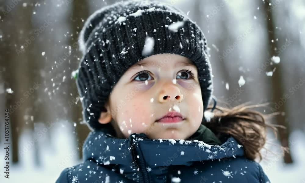 A young girl in a black beanie and blue jacket smiles while snow falls around her. A young girl in a black beanie and blue jacket smiles while snow falls around her.