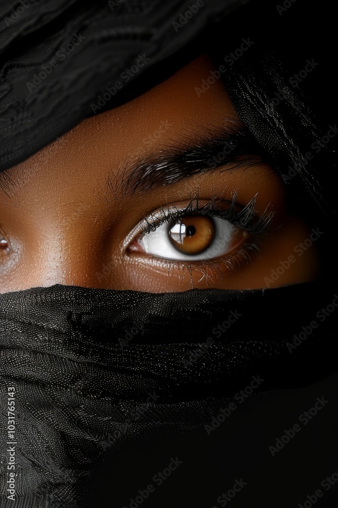 close-up of woman's eye, partially covered by black veil, mystery and allure. warm brown eye is sharp and clear, contrasting against dark fabric. beauty, cultural identity close-up of woman's eye, partially covered by black veil, mystery and allure. warm brown eye is sharp and clear, contrasting against dark fabric. beauty, cultural identity