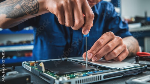 Technician repairing a laptop device with screwdriver in a workshop environment.
