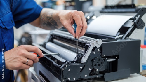 Technician repairing a printing machine in a modern workshop setting.