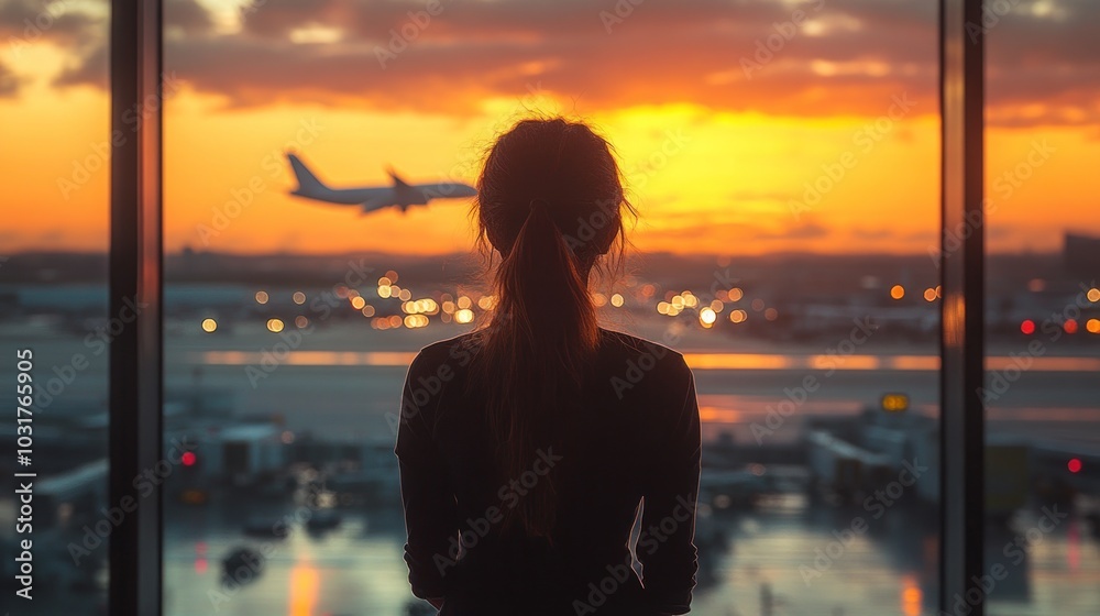 Silhouette of a person watching an airplane take off at sunset. Silhouette of a person watching an airplane take off at sunset.