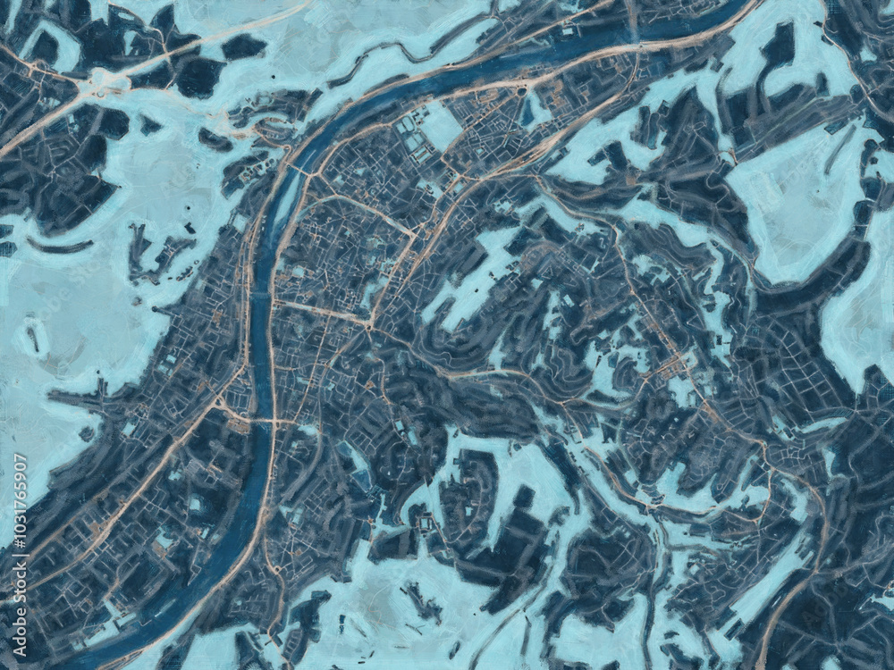 Obraz premium Painterly Style City Map of Trier, Germany in a Blue Color Scheme.