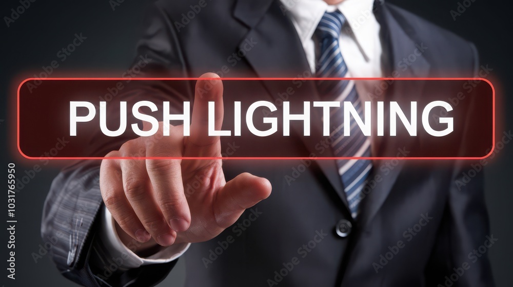 Businessman pushing a button labeled 'Push Lightning'. Businessman pushing a button labeled 'Push Lightning'.