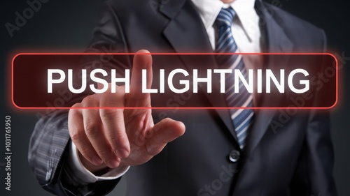 Businessman pushing a button labeled 'Push Lightning'.