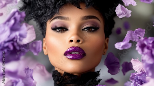  A woman's face, closely framed Purple flowers adorn her head Lips painted in matching hue with purple lipstick