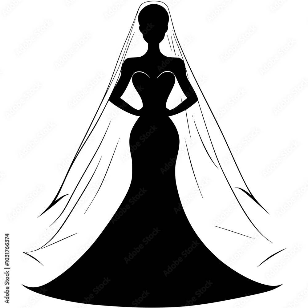 Silhouette of a bride in wedding gown with veil, Elegant black-and-white silhouette of a bride wearing a flowing wedding gown and veil, highlighting grace and beauty, isolated on a white background.

