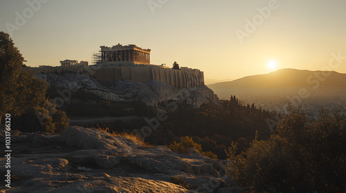 A tranquil morning view of the Acropolis with soft light illuminating the Parthenon and the surrounding ruins.