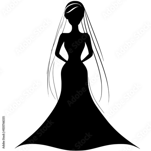 Silhouette of a bride in wedding gown with veil, Elegant black-and-white silhouette of a bride wearing a flowing wedding gown and veil, highlighting grace and beauty, isolated on a white background.

