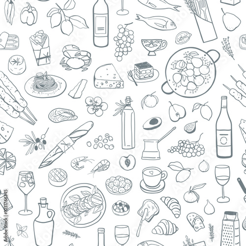 Hand drawn mediterranean food seamless pattern