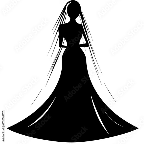 Silhouette of a bride in wedding gown with veil, Elegant black-and-white silhouette of a bride wearing a flowing wedding gown and veil, highlighting grace and beauty, isolated on a white background.

