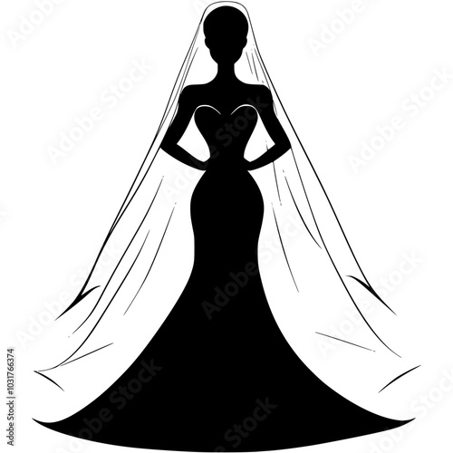 Silhouette of a bride in wedding gown with veil, Elegant black-and-white silhouette of a bride wearing a flowing wedding gown and veil, highlighting grace and beauty, isolated on a white background.

