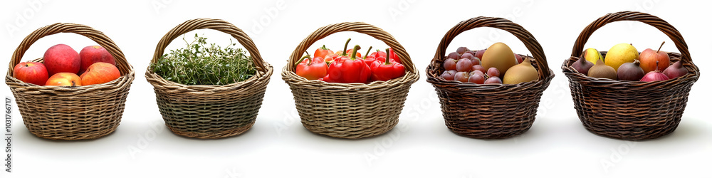 Five Wicker Baskets Filled with Fresh Produce. Five Wicker Baskets Filled with Fresh Produce.
