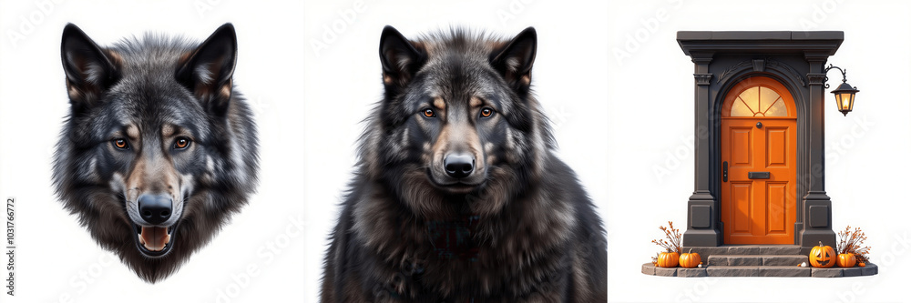 The image features two black wolf heads and a wooden door decorated for Halloween, blending elements of nature and seasonal aesthetics. The image features two black wolf heads and a wooden door decorated for Halloween, blending elements of nature and seasonal aesthetics.