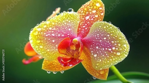 A close-up of a pink and yellow orchid with water droplets on its petals.