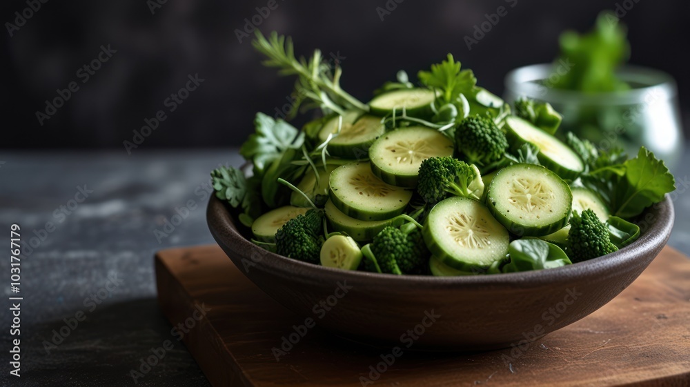 A bowl filled with chopped cucumbers, broccoli florets, and fresh herbs on a wooden cutting board. A bowl filled with chopped cucumbers, broccoli florets, and fresh herbs on a wooden cutting board.