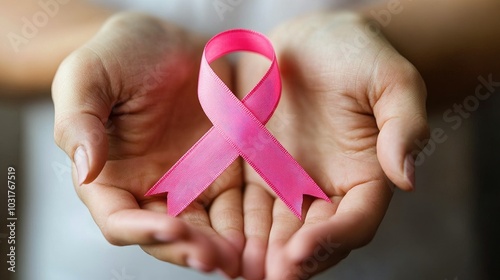 International symbol for Breast Cancer Awareness month in October. Close-up of a woman's hand holding a satin pink ribbon Women's health and medical concept.