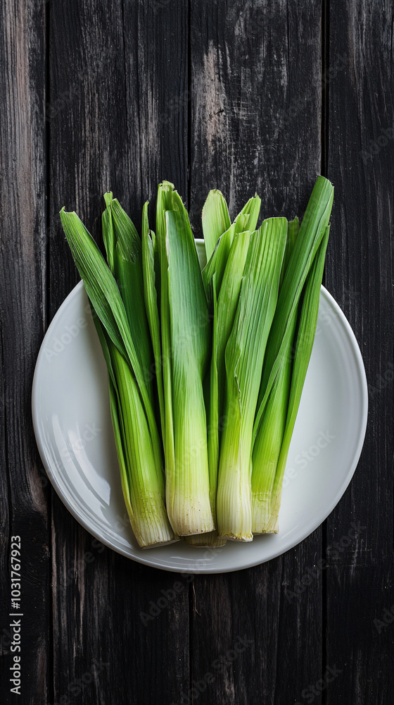 Freshly harvested leeks arranged on a white plate, ready to be cooked