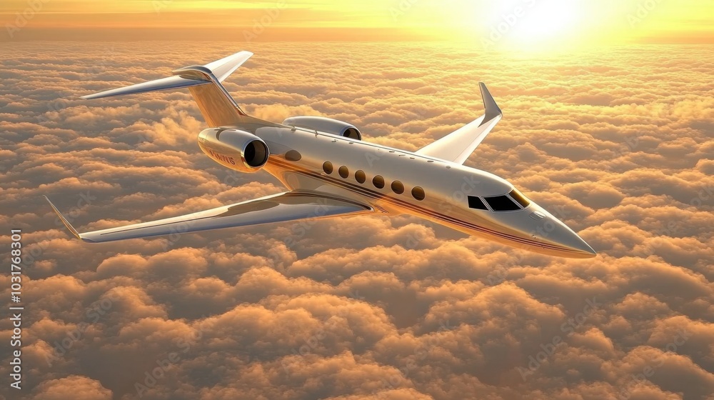 3D Private Jet Flying Above Clouds at Sunset 3D Private Jet Flying Above Clouds at Sunset