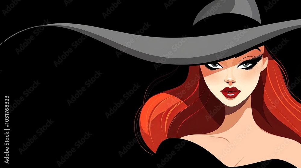 A woman in a black hat features a long red mane The hat, characterized by a pointed brim, sits atop her head A woman in a black hat features a long red mane The hat, characterized by a pointed brim, sits atop her head