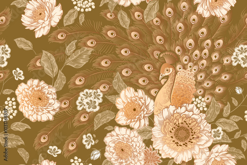 Flowers and peacock. Seamless floral pattern.Vintage Vector