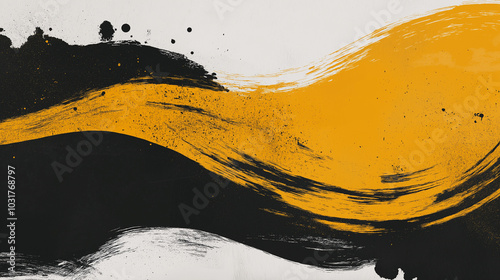 A dynamic abstract black and yellow background with brush strokes. AI generation.
