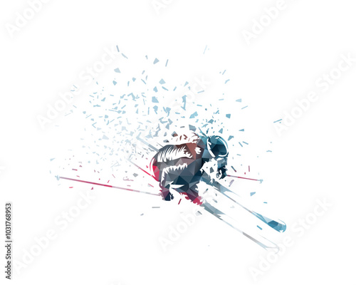 Skiing, downhill skier, slalom. Top view. Isolated low poly vector illustration. Winter sport, alpine skiing