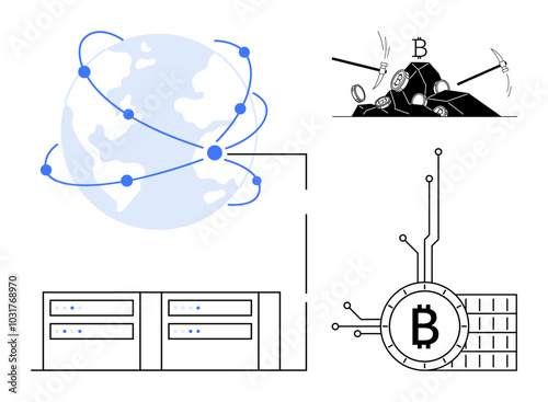 Globe connected by dots, a pickaxe mining Bitcoin, servers and a Bitcoin symbol with lines connected to it. Ideal for blockchain, cryptocurrency, decentralized finance, digital transactions, global