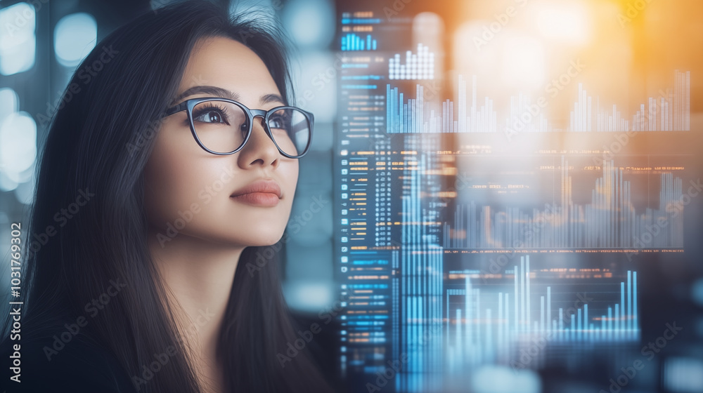 A portrait image of an elegant woman with eyeglasses , background is a stock trading graph and set index of stock market and investment. A portrait image of an elegant woman with eyeglasses , background is a stock trading graph and set index of stock market and investment.