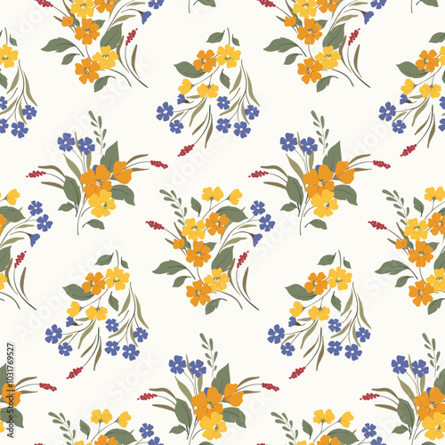 Seamless floral pattern, liberty ditsy print, abstract ornament in fall rustic motif. Elegant botanical design of hand drawn wild plants, small yellow flowers, falling leaves. Vector illustration.