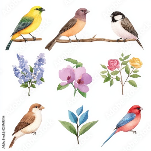 Watercolor Bird and Flower Clipart Set   Spring Nature Illustration