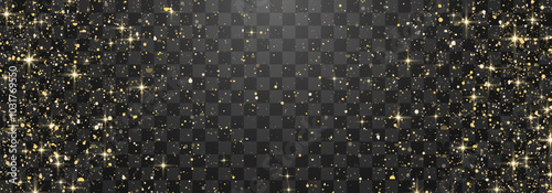 Glitter gold particles shine effect on transparent background. Vector gold glitter particles effect and texture. Stardust amber particles color on png background. Golden explosion of confetti