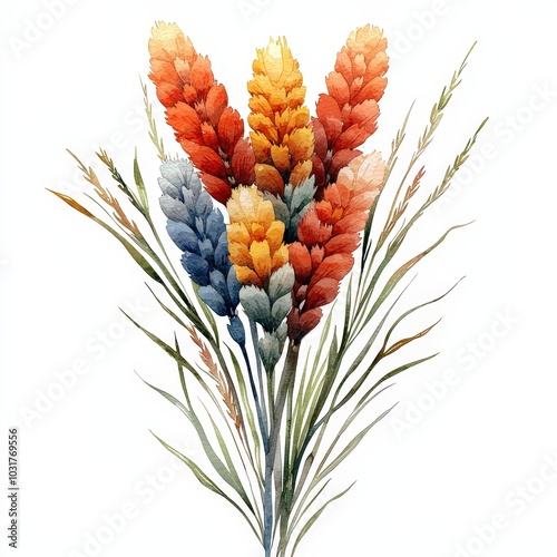Watercolor Bouquet of Colorful Flowers and Grasses on White Background