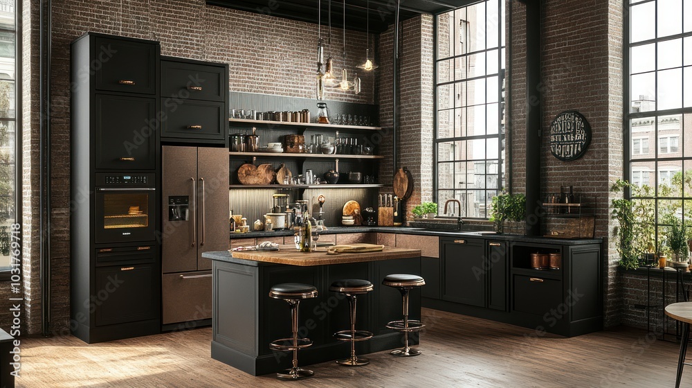 Modern Industrial Kitchen with Black Cabinets and a Brick Wall Modern Industrial Kitchen with Black Cabinets and a Brick Wall